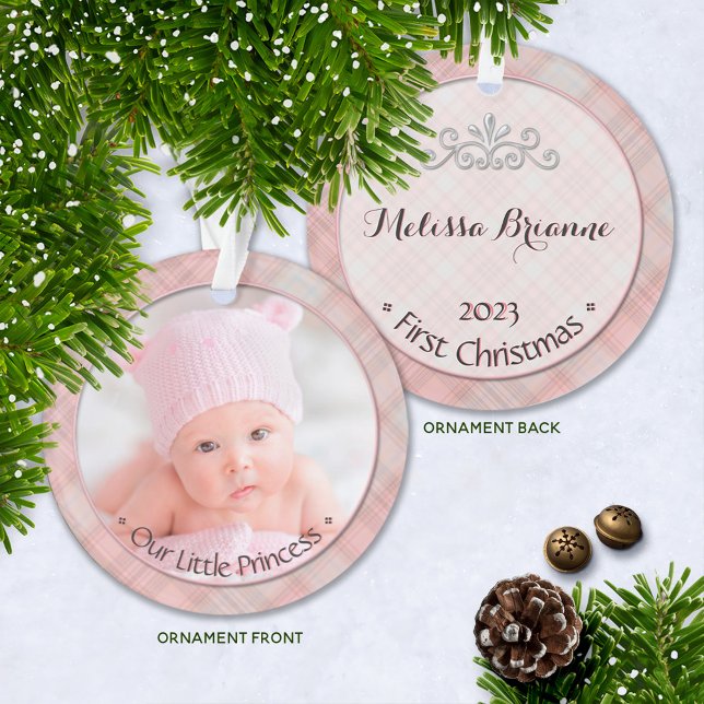 Adorno Niña Niña Pequeña Princesa Primera Navidad Keepsak (Keepsake Baby's First Christmas Photo Ornament with Year and Name | Our Little Princess, Baby Girl)