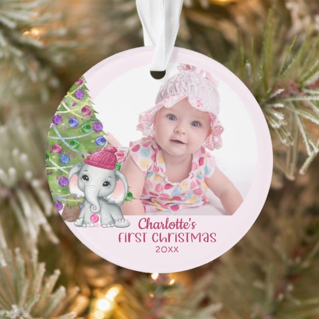 Adorno Niña pequeña elefante primera foto de Navidad rosa (Árbol)