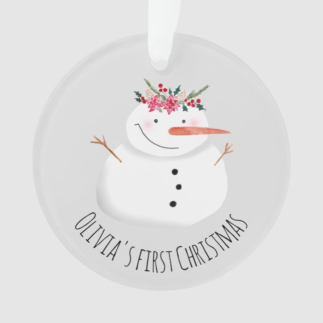 Adorno Niñas bebé primera flor de Navidad Snowman y nombr (Anverso)