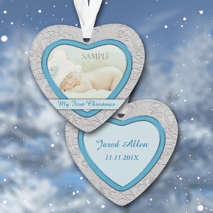 Adorno Niño azul del corazón plateado Primera Navidad