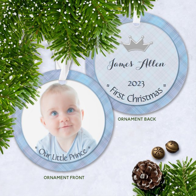 Adorno Niño Pequeño Príncipe Primero Navidad, Guardia O (Keepsake Baby's First Christmas Photo Ornament with Year and Name | Our Little Prince, Baby Boy )