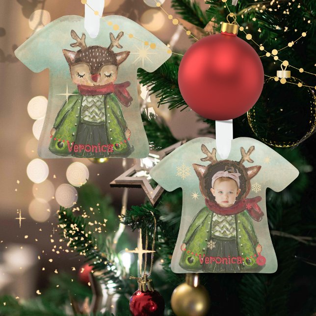 Adorno Niños con foto de ciervos pintados a mano por pers (Custom Hand-Painted Deer Photo Kids Ornament)