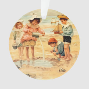 Adorno Niños Victorianos Antiguos en la Playa Arte Fino