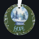 Adorno Nombre personalizado acuarela Winter Forest Snowgl<br><div class="desc">Un bosque cubierto de nieve de invierno acuarela dentro de un diminuto globo de nieve azul para las vacaciones tierra de sus sueños con el nombre de su elección o déjelo como Esperanza.</div>