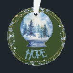 Adorno Nombre personalizado acuarela Winter Forest Snowgl<br><div class="desc">Un bosque cubierto de nieve de invierno acuarela dentro de un diminuto globo de nieve azul para las vacaciones tierra de sus sueños con el nombre de su elección o déjelo como Esperanza.</div>