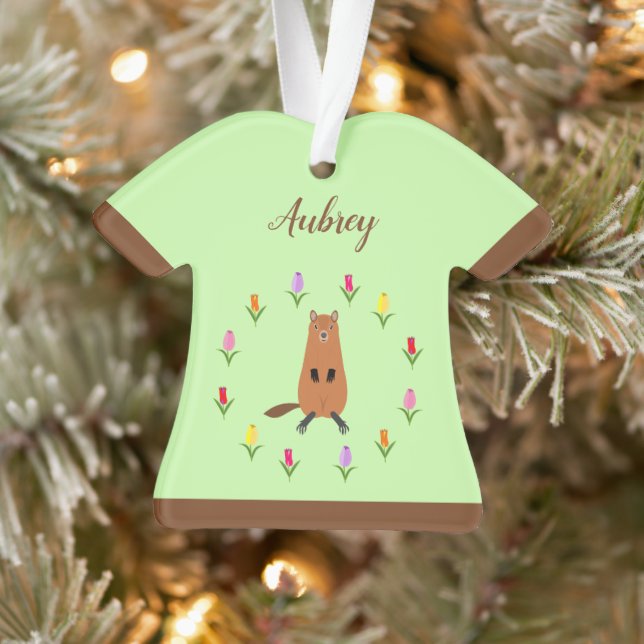 Adorno Nombre personalizado de cute Groundhog y Tulip Flo (Árbol)