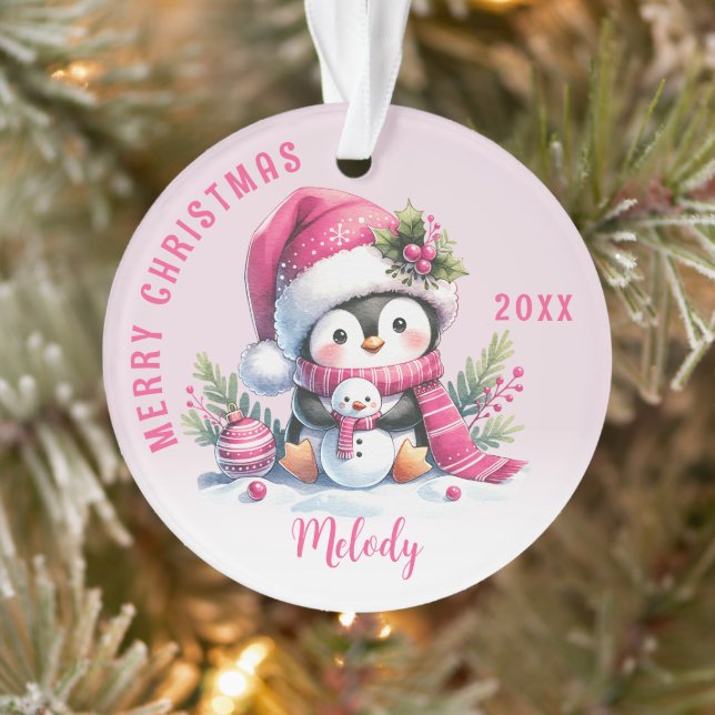 Adorno Nombre personalizado Navidades rosados de Pingüino (Árbol)