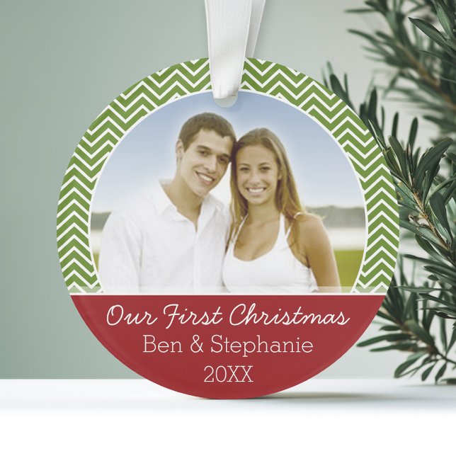 Adorno Nuestra primera foto de Navidad - Doble cara (Personalized First Christmas Photo Ornament)