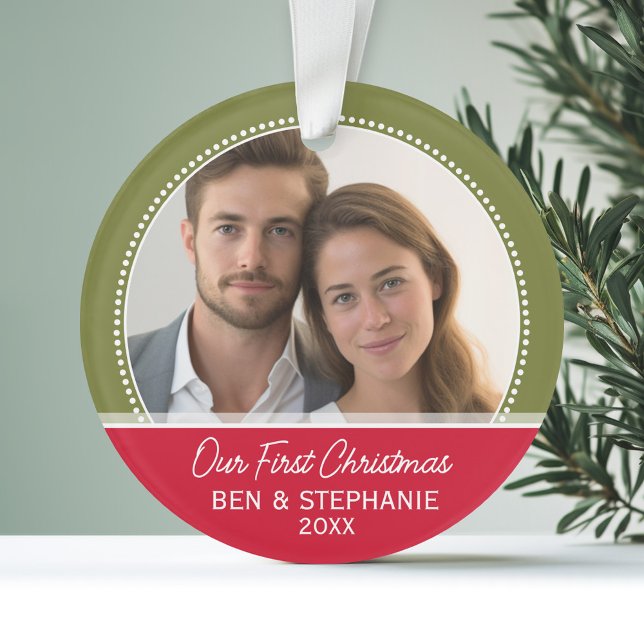 Adorno Nuestra primera foto de Navidad - Doble cara (Personalized Wedding Anniversary Photo Ornament)