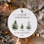 Adorno Nuestra primera Navidad como familia de los tres<br><div class="desc">Recuerda tu primera Navidad junto con este adorable adorno de conservas. Este diseño cuenta con una familia de tres árboles de Navidad. ¡Edite fácilmente el nombre del niño y el año! ¡Esto también hace un gran regalo para los padres nuevos!</div>