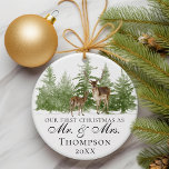 Adorno Nuestra Primera Navidad Como Sr. Y Sra. Personaliz<br><div class="desc">Celebrar una ocasión memorable con nuestra "Primera Navidad como Sr. y Sra." Ornamento Rústico personalizado. Este adorno navideño personalizado es el regalo perfecto para una pareja recién casada, permitiéndoles apreciar su primera Navidad juntos como marido y mujer. Este adorno, adornado con un bonito ciervo y un diseño de temática natural,...</div>