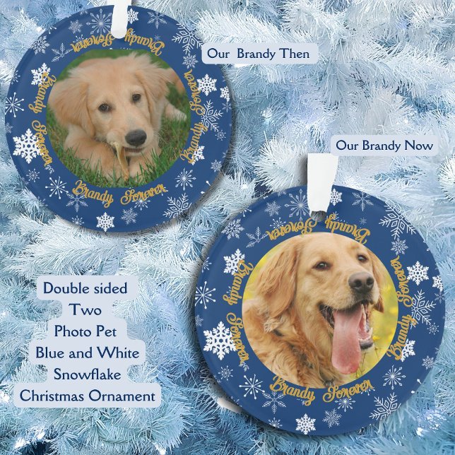 Adorno Nuestro perro entonces y ahora 2 festividades de P (Your dog Then and Now double sided Christmas Ornament Blue and White Snowflake theme )