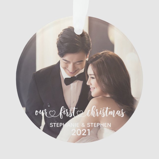 Adorno Nuestro Primer Corazón de Navidad Letra a Mano Fot (Anverso)