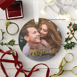 Adorno Nuestro primer guión de Relieve metalizado dorado<br><div class="desc">Nuestro primer ornamento acrílico con guión de Relieve metalizado dorado comprometido de Navidad</div>