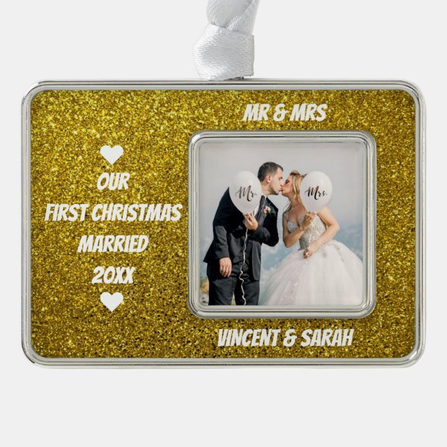 Adorno Nuestro primer Personalizado de Navidad, foto y Pu (Anverso)