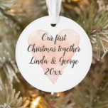 Adorno Nuestros primeros Navidades juntos romántico árbol<br><div class="desc">Nuestros primeros Navidades juntos romántico árbol de Navidad Ornamento con acuarela corazón. Decoraciones navideñas personalizados para la primera Navidad de la pareja juntos. Diseño elegante con símbolo de amor al corazón de la acuarela rosa de coral. Hermosa plantilla de tipografía de guión de pincel escrito a mano. Añade tus propios...</div>
