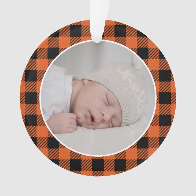 Adorno ORANGE BUFFALO PLAID NAME Photo Christmas Keepsake (Anverso)