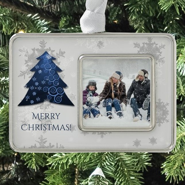 Adorno Ornamento de árbol de Navidad azul festivo (Blue Festive Christmas Tree Framed Ornament)
