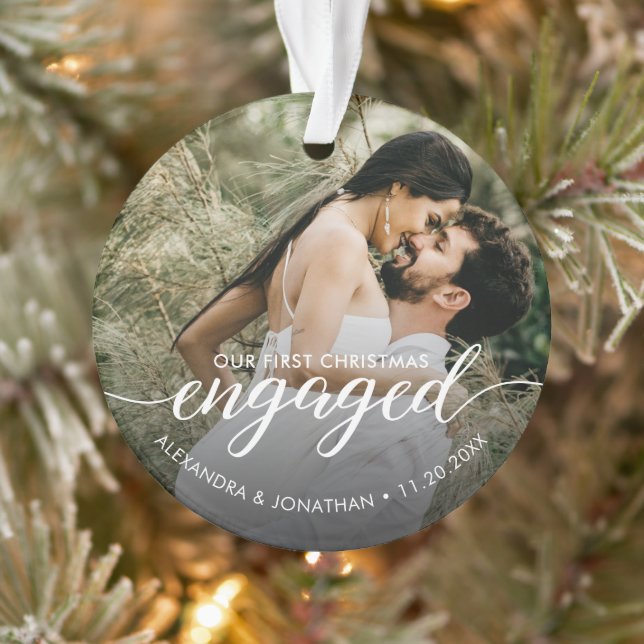 Adorno OUR First Christmas Engaged overlay Custom Photo (Árbol)