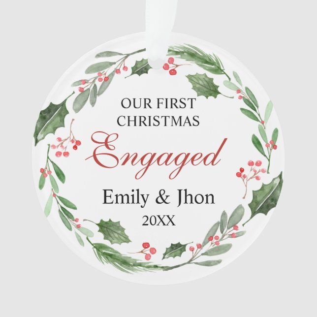 Adorno Our First Christmas Engaged wreath ornament (Anverso)
