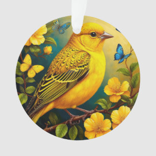 Adorno Pájaro Amarillo Posado Entre Flores Brillantes