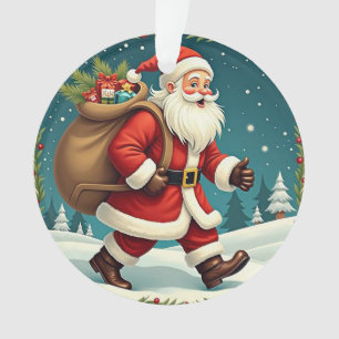 Adorno Papá Noel entregando regalos a través del bosque n