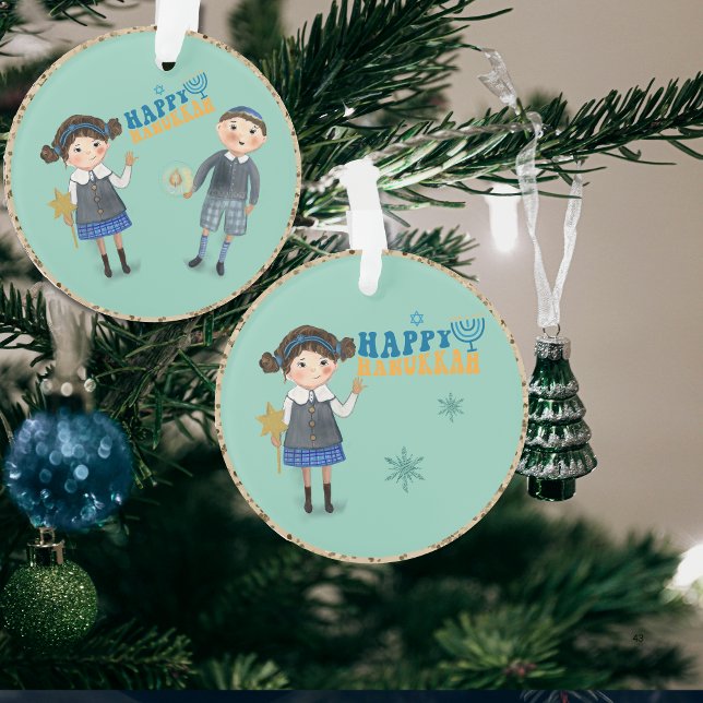 Adorno Pareja judía pura Feliz Hanukkah Verde azulado (Cute Jewish Couple Happy Hanukkah Teal Ornament)