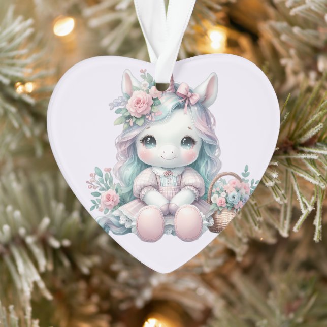 Adorno Pastel Kawaii Unicorn Doll with Flower Basket (Árbol)