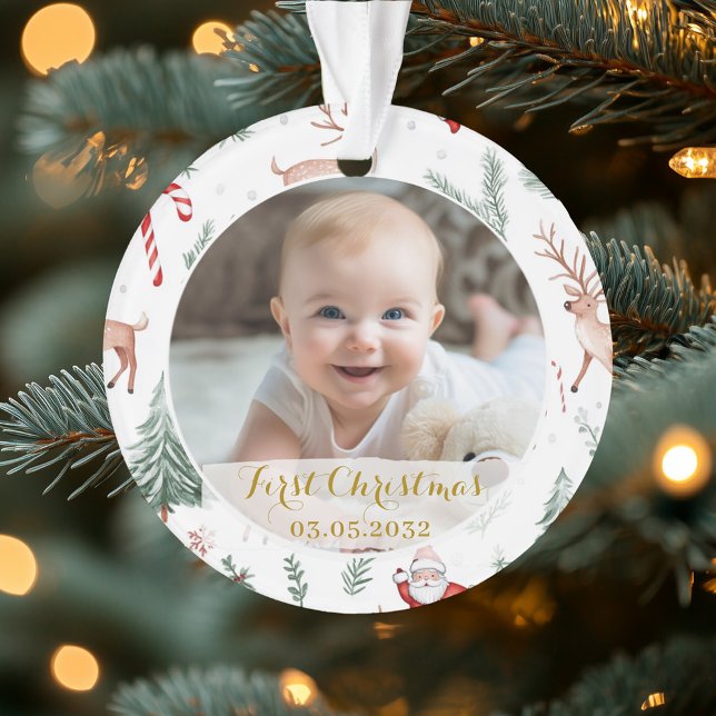 Adorno Patrón clásico de script de Navidades fotográficos (First Christmas Script Classic Rustic Reindeer & Santa Pattern. Cute Baby's First Christmas holiday )