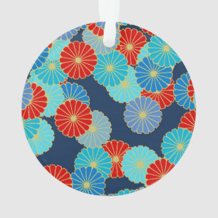 Adorno Patrón de flores Art Deco - azul, turquesa y rojo