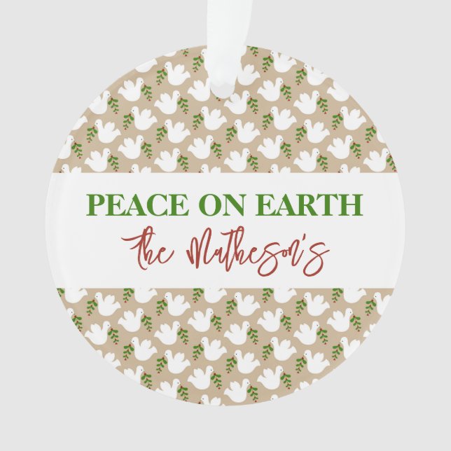 Adorno Peace on Earth Dove Pattern NAME Feliz Navidad (Anverso)