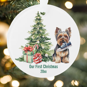 Adorno Perrito Yorkie Adorable Árbol de Pino Acuarela Nav