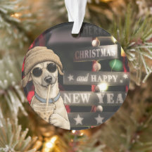 Perro divertido de Navidad bebiendo té de burbujas