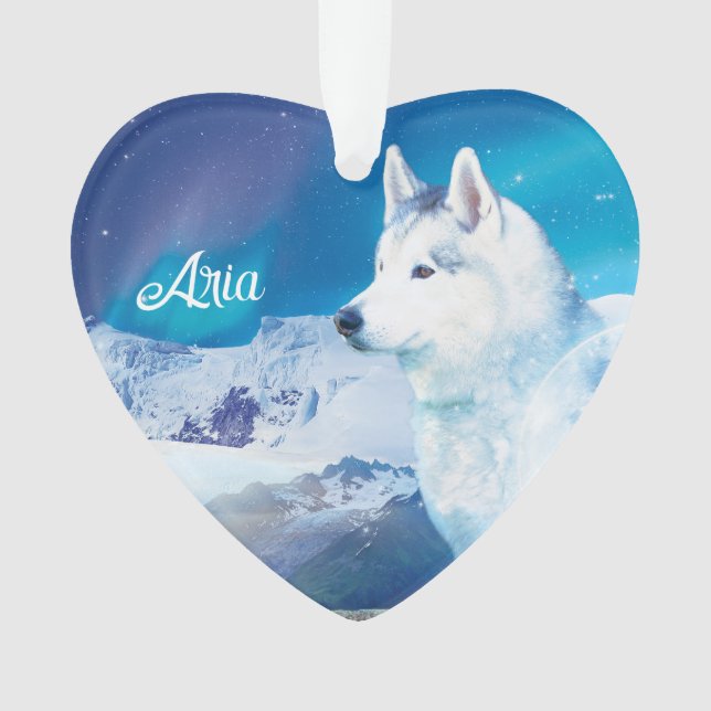 Adorno Perro Husky personalizado con montañas (Anverso)