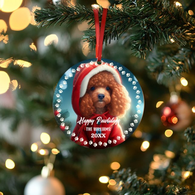 Adorno Perro Navidad lindo feliz feriado doble cara foto (Cute Chirstmas pet dog poodle photo ornament)