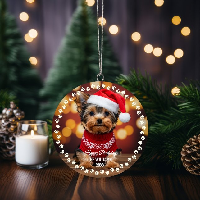 Adorno Perro Navidad lindo feliz feriado doble cara foto (Cute Christmas Pet Dog Yorkshire Terrier Photo Ornament)