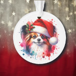 Adorno Perro Papillon en Santa Hat Navidades personalizad<br><div class="desc">Perro de cachorro Papillon personalizado adorno navideño. Si tienes un Papillon,  este cuadro de acuarela dulce es perfecto.</div>