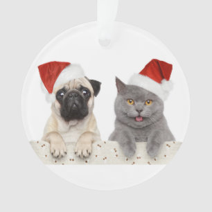 Adorno Perro y gato en gorra rojo del navidad