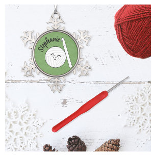 Adorno Personalizado Yarn Ball & Crochet Hook + Nombre Or