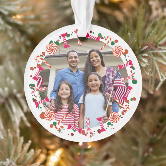 Adorno Personalized Holiday Candy Border Photo (Árbol)