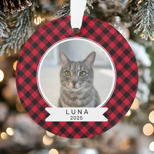 Adorno Pet Photo Red and Black Buffalo Plaid Christmas (Pet Photo Red and Black Buffalo Plaid Christmas Ornament)