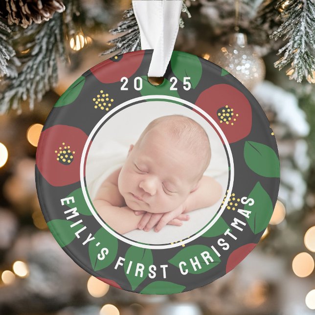 Adorno Photo Baby's First Christmas Floral (Photo Baby's First Christmas Floral Ornament)