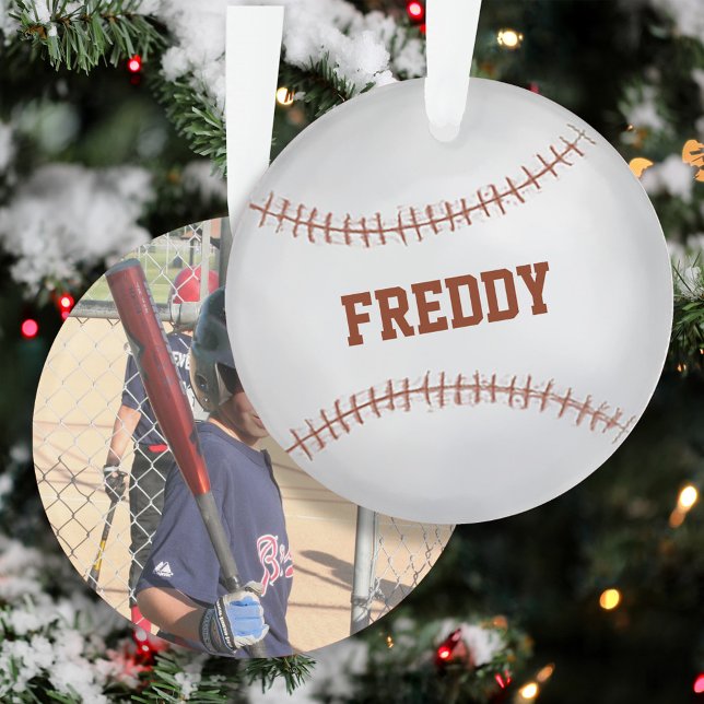 Adorno Photo Baseball Simple Typography  (Baseball keepsake Christmas photo ornament.)
