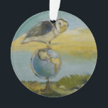 Adorno Pintado de vida silvestre de Owl Beach Earth Globe<br><div class="desc">Búho y el Globe - Una lechuza suave y hermosa sentada en un mapa del mundo,  con un fondo de playa de vacaciones,  por la artista Mary Hubley. Un ilustracion de arte de pájaros pintando cuadros.</div>