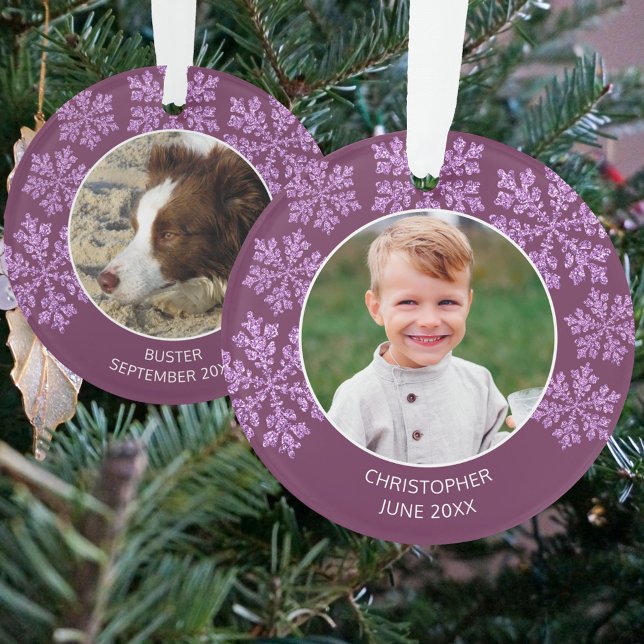 Adorno Plum Bling Cute de Snowflake 2 Navidades de fotogr (Add your 2 photos to this double sided Christmas ornament in dark purple with snowflakes)