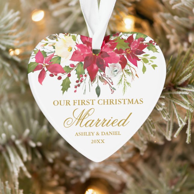 Adorno Poinsettia Gold First Christmas Married Heart (Árbol)