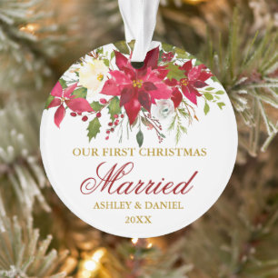 Adorno Poinsettia Red Floral Gold Primera Navidad casada