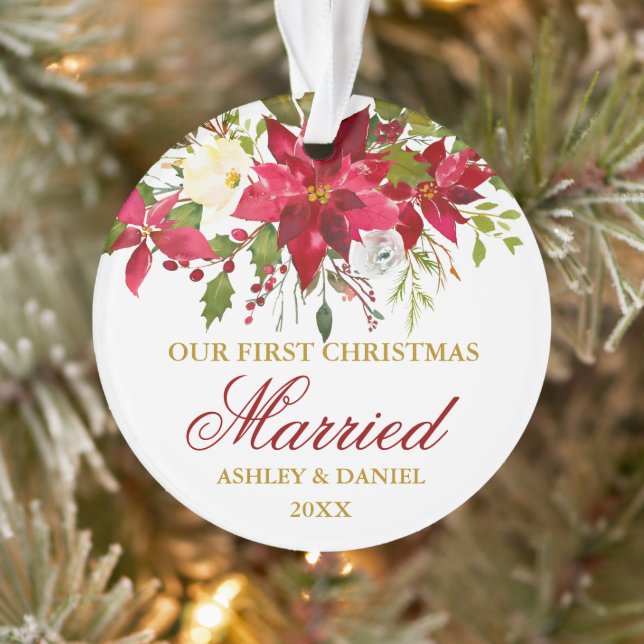 Adorno Poinsettia Red Floral Gold Primera Navidad casada (Árbol)