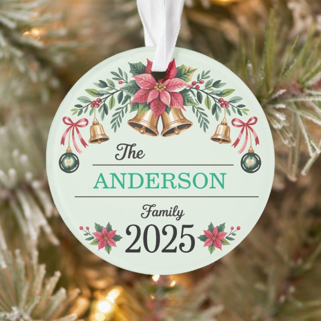 Adorno Poinsettia Wreath Bells Family Name 2025 Christmas (Árbol)