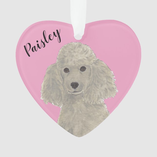 Adorno Poodle de plata gris de corazón rosado personaliza (Anverso)